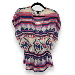 Aqua sheer top, Aztec Blue Red Purple White Women XS *some flaws, see photos
